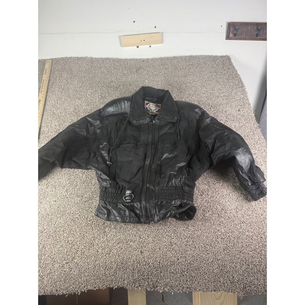 Vintage Black Leather Bomber Jacket Mens Mixed Media Textured Full Zip XL
